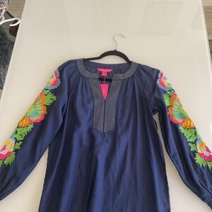 Lilly Pulitzer Navy Tunic with Yellow Stitching and Multicolor Embroidery